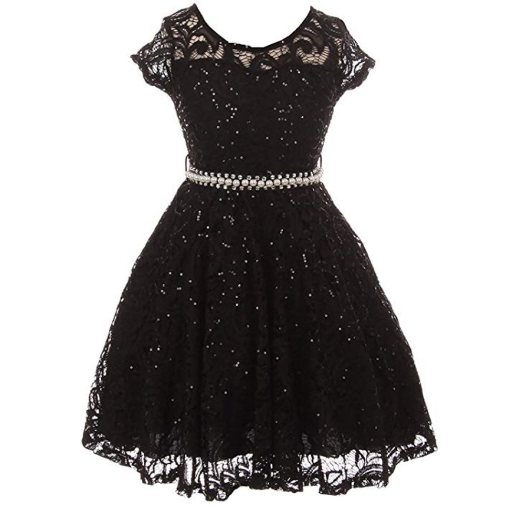 Girls Floral Lace Glitter Pearl Party Dress